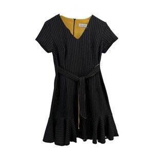 Shelby Palmer NWT Pinstripe A-Line Dress Black Mustard Belted V-Neck Size 6 (L)